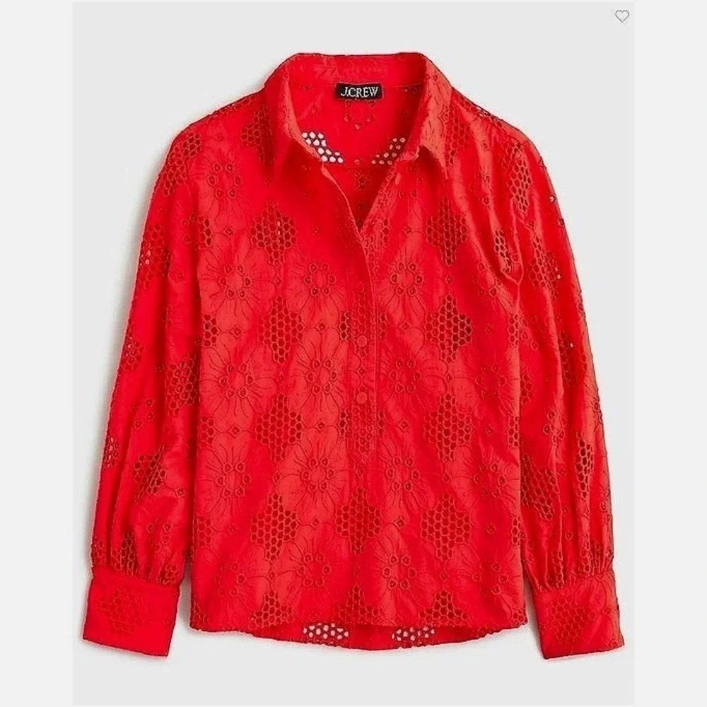 J.Crew‎ Red Eyelet Popover Top XL
